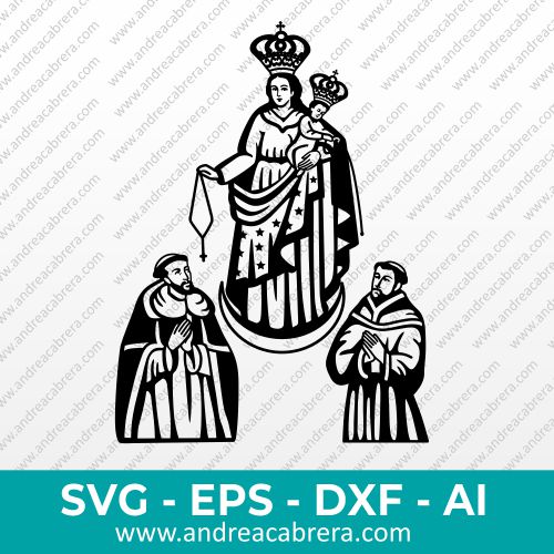 Vector religioso de la Virgen de Las Lajas con Santo Domingo y San Francisco de Asis en formato SVG DXF EPS AI PNG JPG monocromático.