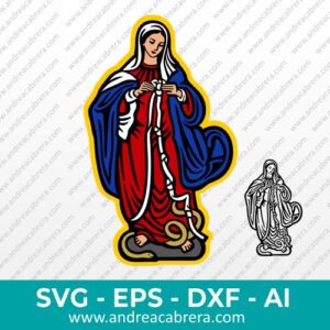 Ilustración de la Virgen Desatanudos flotando con un lazo blanco lleno de nudos, desatando uno con sus manos. Disponible en versión a color por capas y monocromática line art.