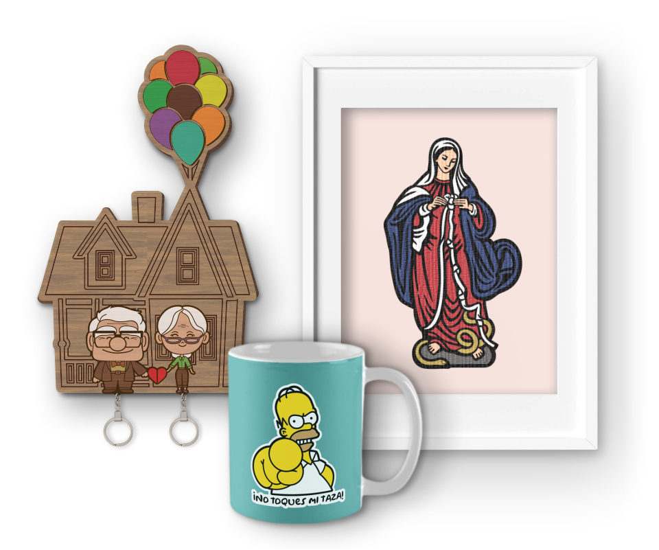 mockup de cuadro, vaso personalizado y portallaves en mdf