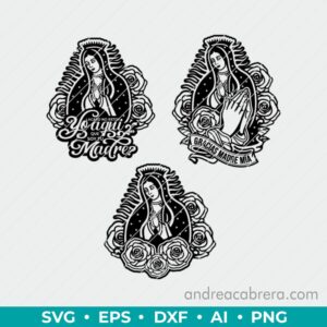 Vector Virgen de guadalupe en tres versiones diferentes con frases. Dibujo en color negro tipo silueta con detalles internos.