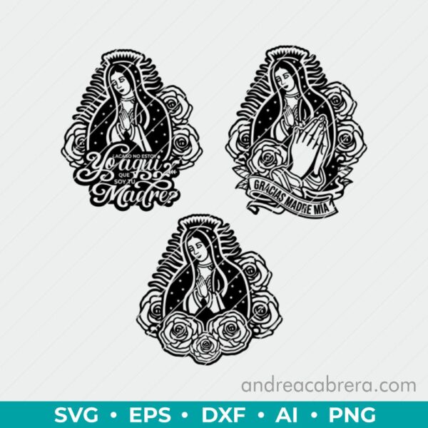 Vector Virgen de guadalupe en tres versiones diferentes con frases. Dibujo en color negro tipo silueta con detalles internos.