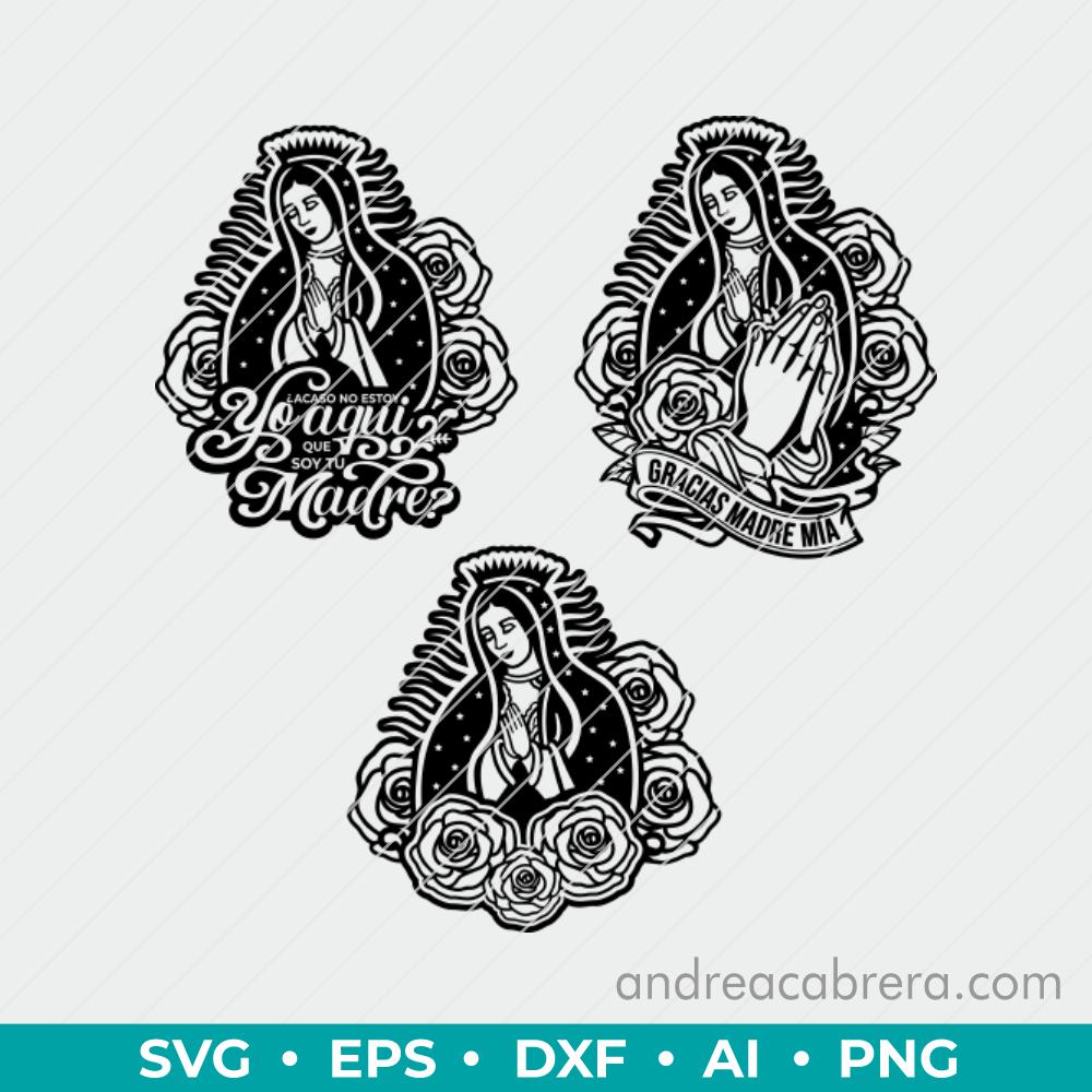 Vector Virgen de guadalupe en tres versiones diferentes con frases. Dibujo en color negro tipo silueta con detalles internos.