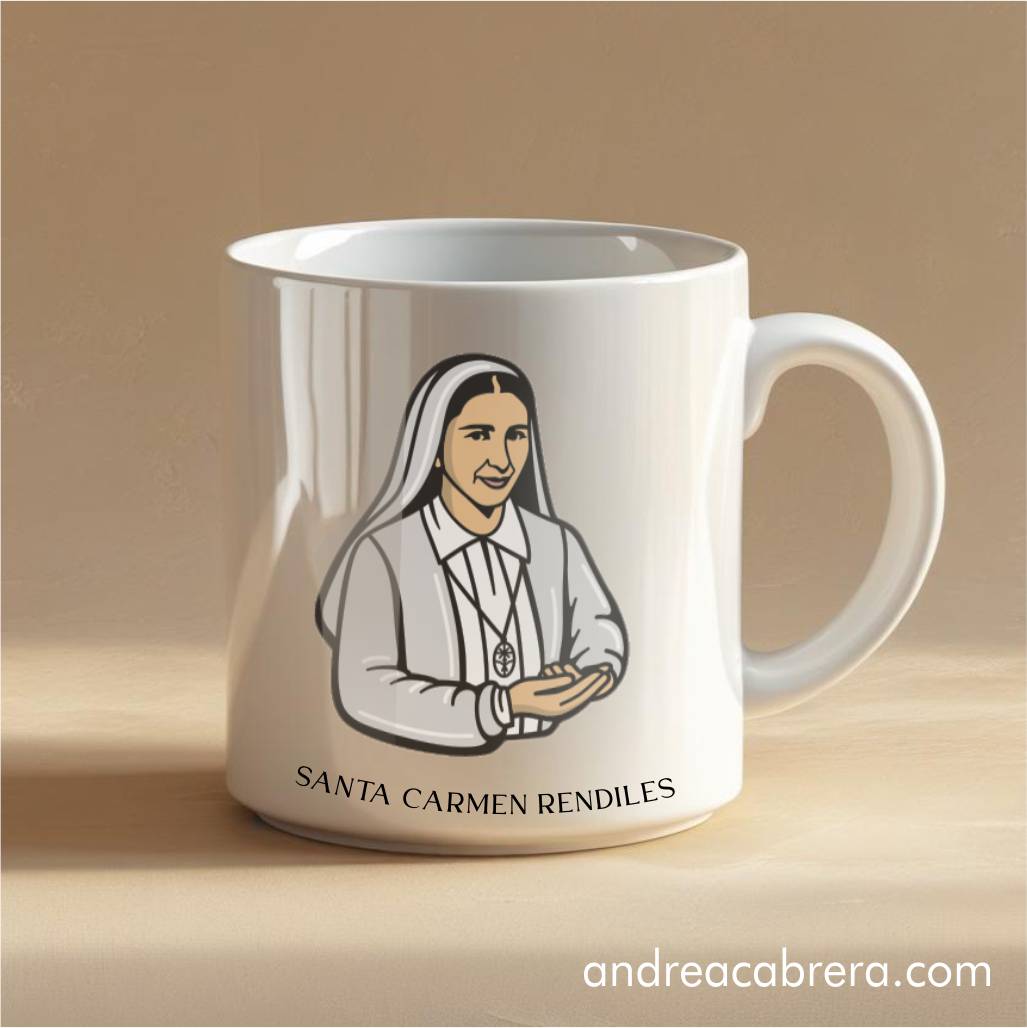 Taza con diseño estampado a color de Santa Carmen Rendiles