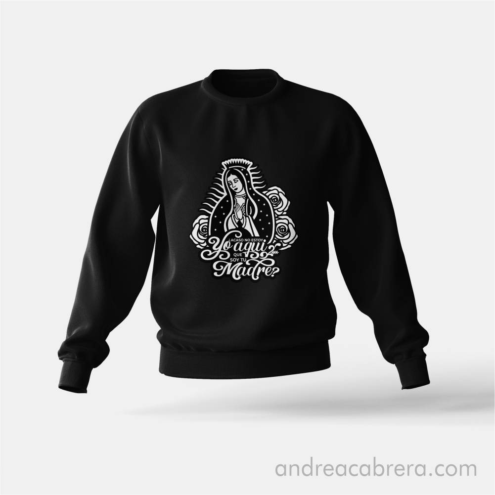 Saco deportivo con diseño del vector Virgen de Guadalupe y frase.