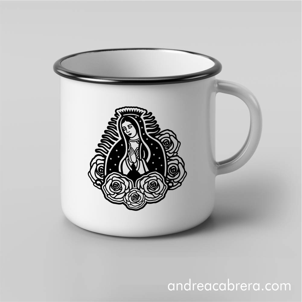 Taza con diseño del vector Virgen de Guadalupe.
