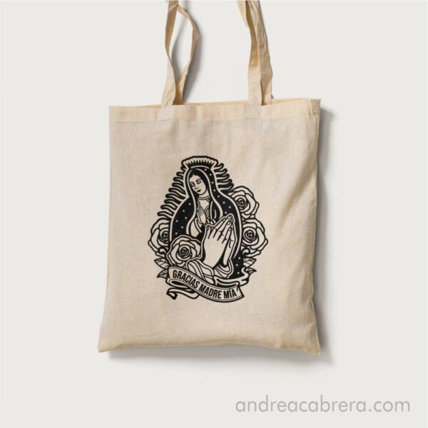 Bolsa de lona con diseño del vector Virgen de Guadalupe y frase.