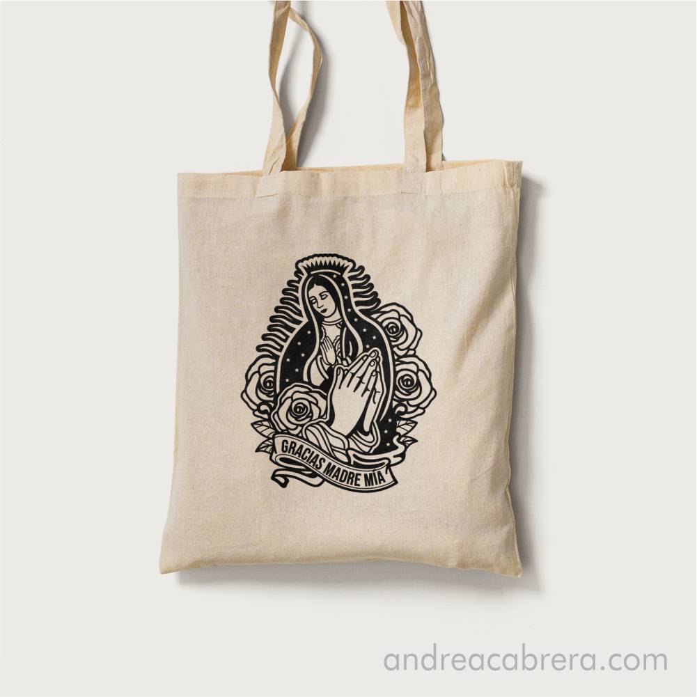 Bolsa de lona con diseño del vector Virgen de Guadalupe y frase.
