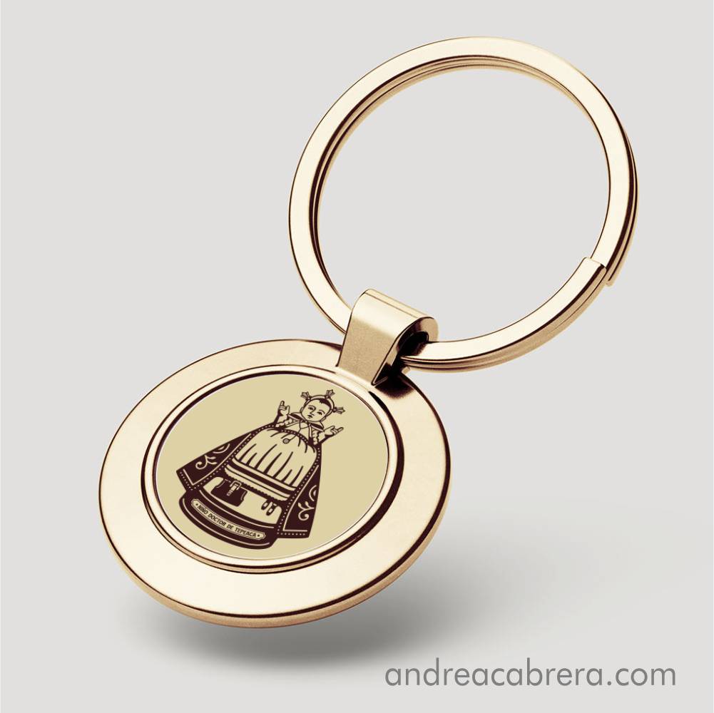 Llavero redondo dorado con diseño de Santo Niño Jesús Doctor de los Enfermos – Niño Doctor de Tepeaca