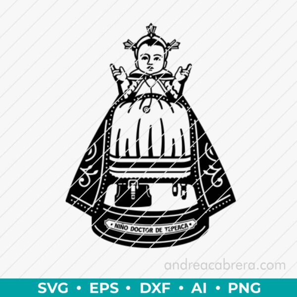 Diseño digital de Santo Niño Jesús Doctor de los Enfermos – Niño Doctor de Tepeaca vector SVG  listo para grabado láser o impresión. Descarga inmediata en varios formatos.