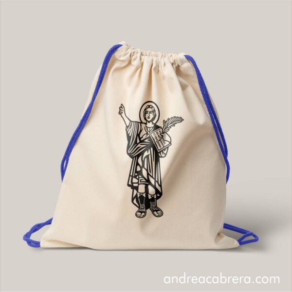 Tula en tela color crema con diseño vectorial de San Pancracio de Roma