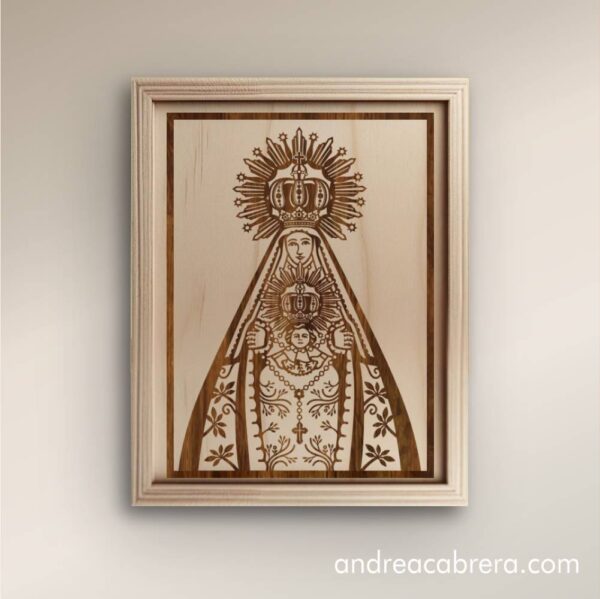 Cuadro decorativo en madera con grabado láser de la virgen de peñarroya