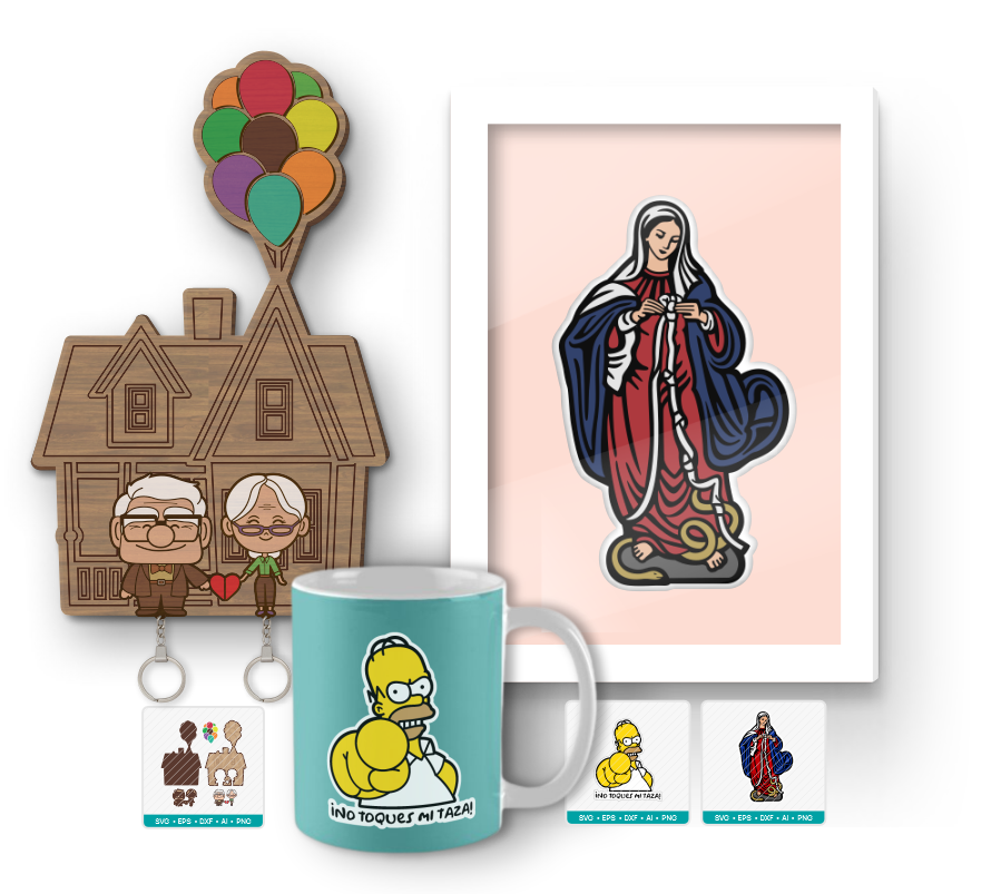 Taza con diseño de Homero, cuadro con diseño virgen desatanudos, portallaves con diseño de Carl y ellie