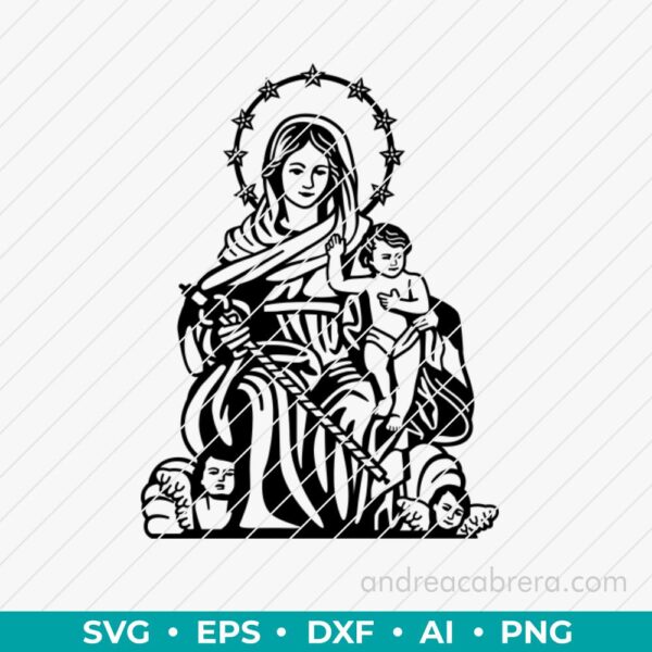 Diseño digital de la virgen de Gracia de Moclinejo vector SVG  listo para grabado láser o impresión. Descarga inmediata en varios formatos.
