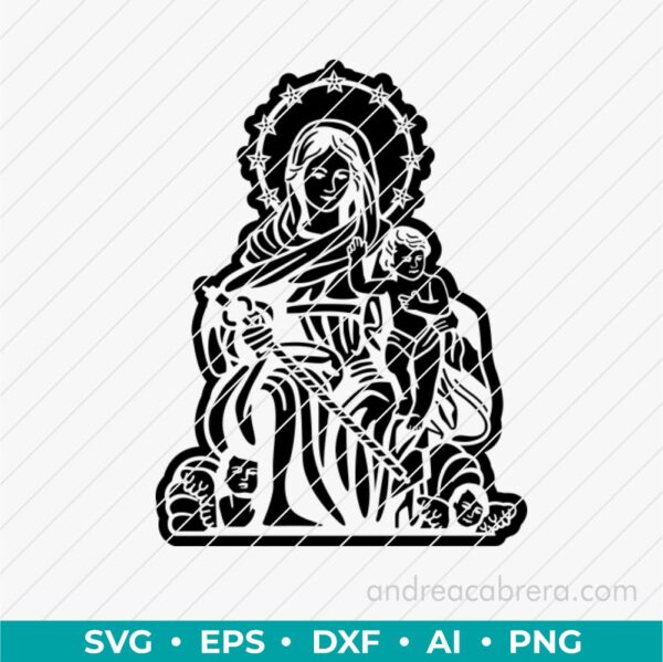 Diseño digital de la virgen de Gracia de Moclinejo vector SVG  listo para grabado láser o impresión. Descarga inmediata en varios formatos.