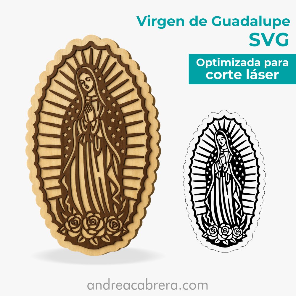 Virgen de Guadalupe vector SVG para corte láser en mockup de madera