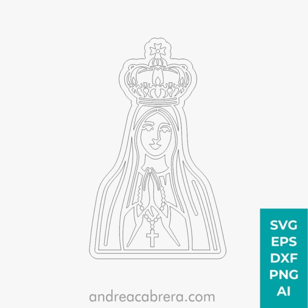 Diseño lineal de la Virgen de Fátima para corte láser en formatos SVG EPS DXF PNG y AI