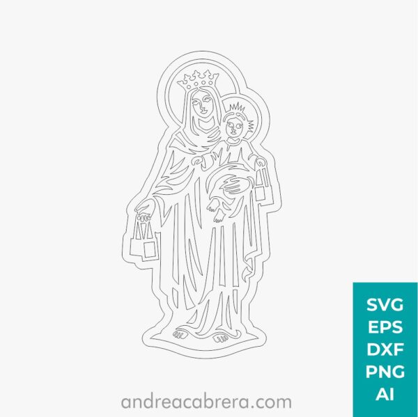 Diseño lineal de la Virgen del Carmen para corte láser en formatos SVG EPS DXF PNG y AI