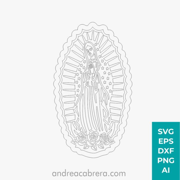 Diseño lineal de la Virgen de Guadalupe para corte láser en formatos SVG EPS DXF PNG y AI