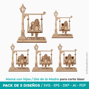 Pack de 5 Pack de 5 figuras decorativas de mamá con hijos para Día de la Madre, diseño en MDF para corte láser