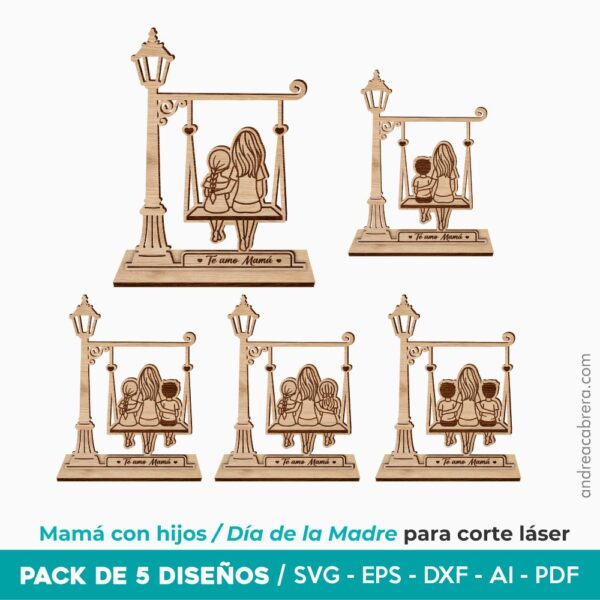 Pack de 5 figuras decorativas de mamá con hijos para Día de la Madre, diseño en MDF para corte láser