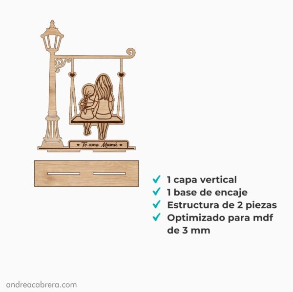 Figura decorativa de mamá con hija para corte láser, compuesta por 1 capa vertical y base de encaje para MDF de 3 mm