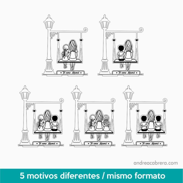 Pack de 5 figuras decorativas de mamá con hijos para corte láser, con 5 motivos diferentes en el mismo formato