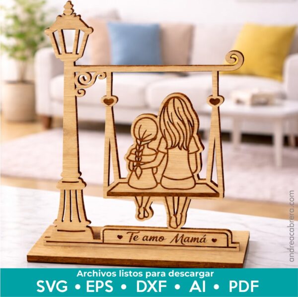 Figura decorativa de mamá con hija para Día de la Madre, diseño en MDF para corte láser con archivos SVG, EPS, DXF, AI y PDF