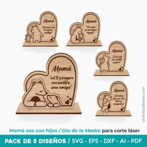 Figuras decorativas mamá oso con hijo para corte láser pack de 5 diseños SVG