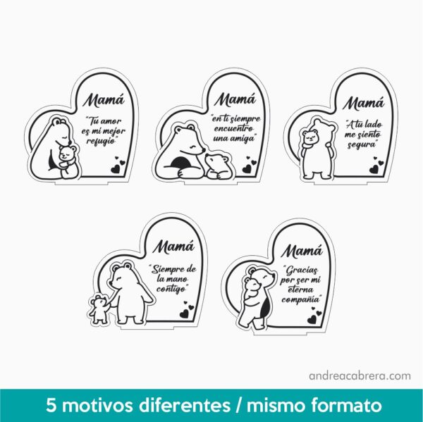 Pack de 5 figuras decorativas de mamá oso con hijo para corte láser, con 5 motivos diferentes en el mismo formato