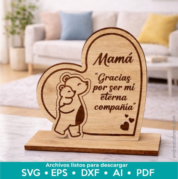 Figura decorativa de mamá oso con hijo para Día de la Madre, diseño en MDF para corte láser con archivos SVG, EPS, DXF, AI y PDF