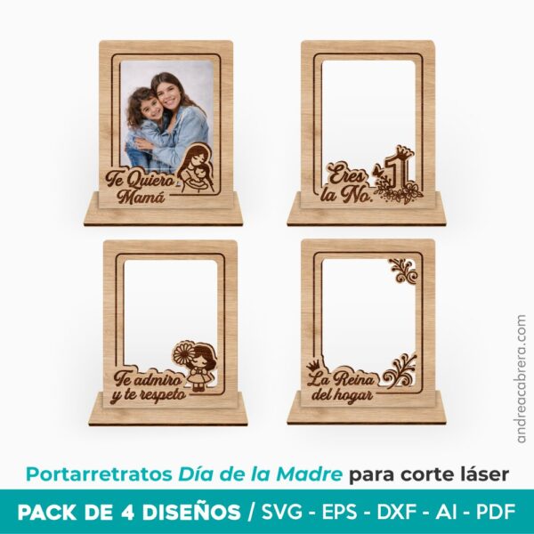 Pack de 4 portarretratos Día de la Madre para corte láser con frases y diseños de distintos significados