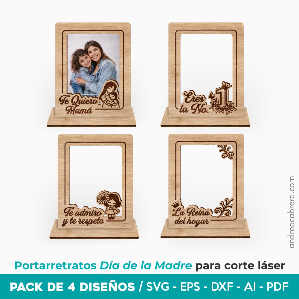 Pack de 4 portarretratos Día de la Madre para corte láser con frases y diseños de distintos significados