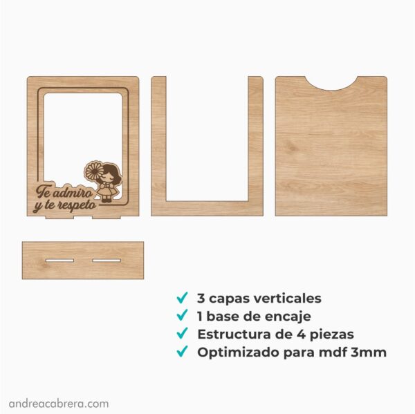 Estructura de portarretrato Día de la Madre para corte láser con 4 piezas y base de encaje para MDF de 3 mm