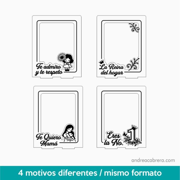 Pack de 4 portarretratos Día de la Madre para corte láser con frases y motivos decorativos diferentes