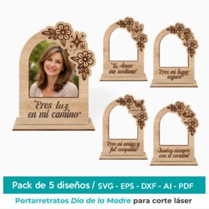 Pack de 5 portarretratos Día de la Madre para corte láser con frases y diseños florales