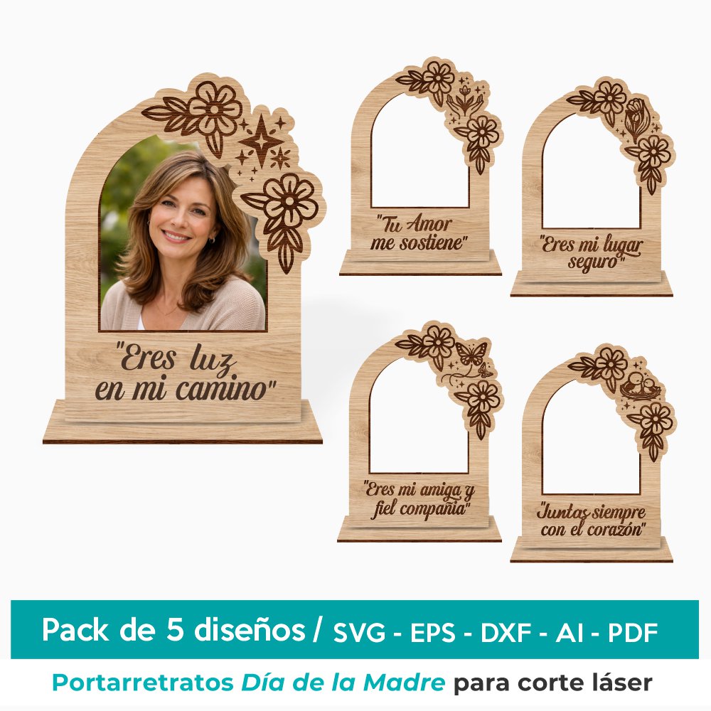 Pack de 5 portarretratos Día de la Madre para corte láser con frases y diseños florales