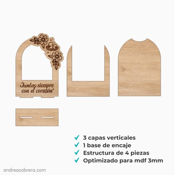 Estructura de portarretrato Día de la Madre para corte láser con 4 piezas y base de encaje para MDF de 3 mm