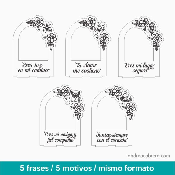 Pack de 5 portarretratos Día de la Madre para corte láser con frases y motivos decorativos diferentes