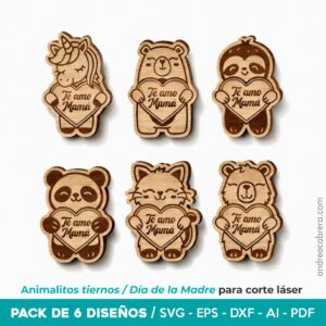 Pack de 6 animalitos tiernos Día de la madre, diseños listos para corte láser y grabado