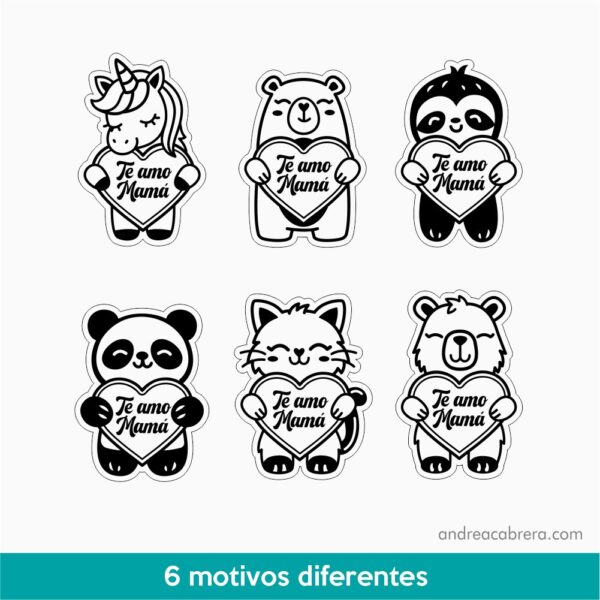Pack de 6 animalitos tiernos para Día de la Madre con 6 motivos diferentes en SVG para corte láser y grabado