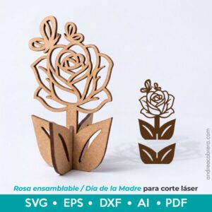Rosa decorativa ensamblable en MDF con mariposas para corte láser, archivo SVG EPS DXF AI PDF para Día de la Madre