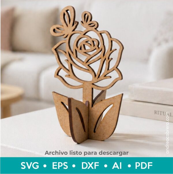 Rosa decorativa ensamblable en MDF con mariposas sobre mesa, archivo SVG EPS DXF AI PDF listo para corte láser