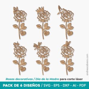 Pack de 6 rosas decorativas para Día de la Madre para corte láser, con diferentes motivos superiores y colgante de corazón. Archivos en SVG, EPS, DXF, AI y PDF.