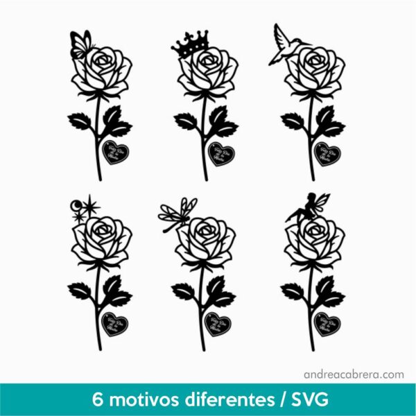 Pack de 6 diseños de rosas decorativas para Día de la Madre en formato SVG para corte láser, con mariposa, corona, colibrí, estrellas, libélula y hada.