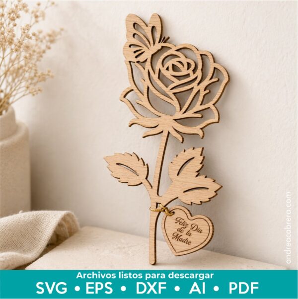 Rosa decorativa de madera para Día de la Madre, apta para corte láser, con mariposa y colgante en forma de corazón. Incluye archivos SVG, EPS, DXF, AI y PDF.
