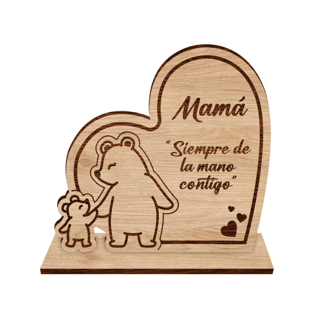 pieza decorativa en mdf de mamá oso caminando de la mano con su hijo. Técnica corte láser mdf