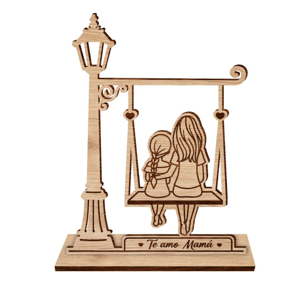 pieza decorativa en mdf de madre sentada con su hija en un columpio. Técnica corte láser mdf