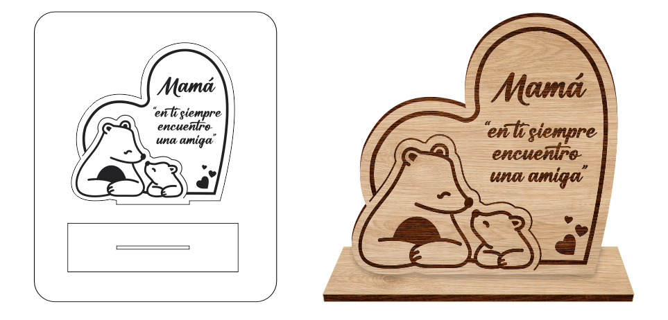 Diseño corte láser pieza decorativa día de la madre osos