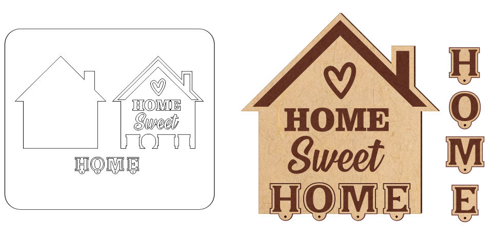 Diseño corte láser portallaves con diseño HOME
