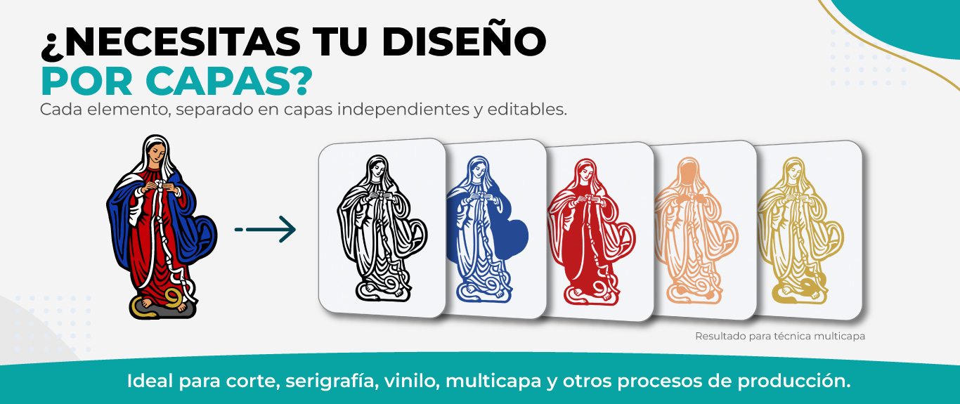 Vectorización por capas de color. Vectroización de la Virgen desatanudos para técnica multicapa.